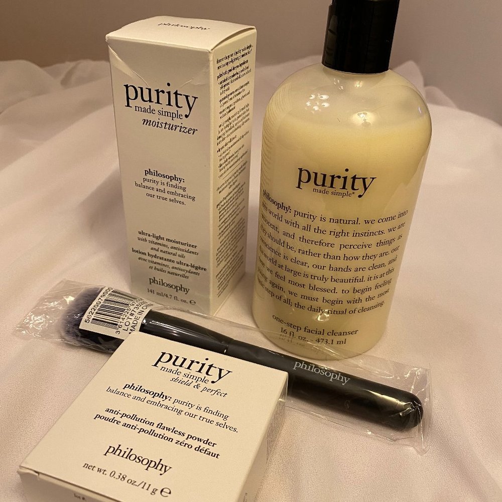 PHILOSOPHY PURITY MADE SIMPLE SET (4pc)-CLEANSER-MOISTURIZER-POWDER-BRUSH-NEW